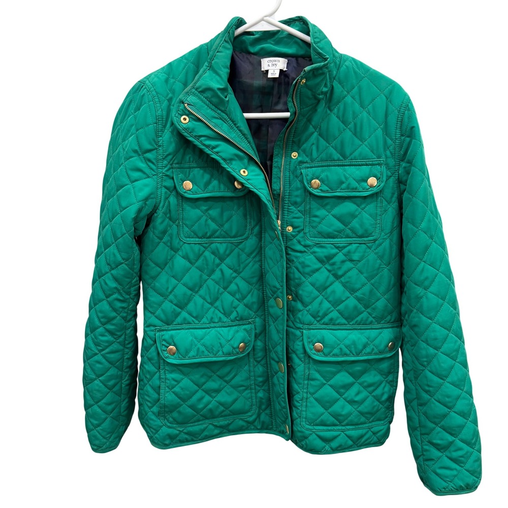Crown & Ivy Green Quilted Field Jacket Womens Small Gold Snap Plaid Lined